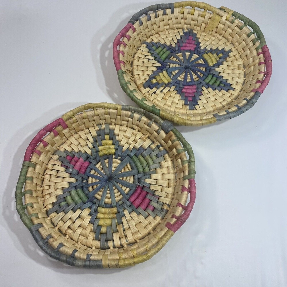Vintage Natural Coiled Weaved Straw Woven Round Basket Bowls Lot Of‎ 2 VTG Decor